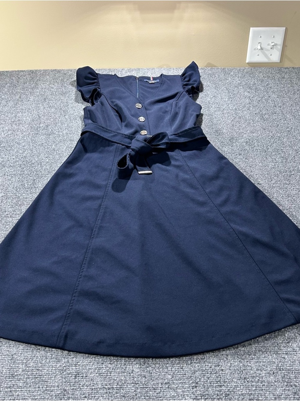 Tommy Hilfiger Navy Blue Flutter Sleeve Fit-and-Flare Belted Dress Size 2